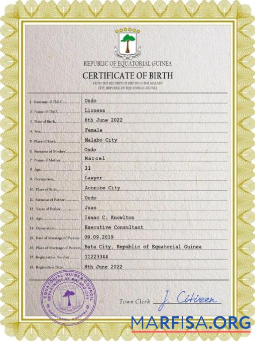 Blank Equatorial Guinea birth certificate PSD template